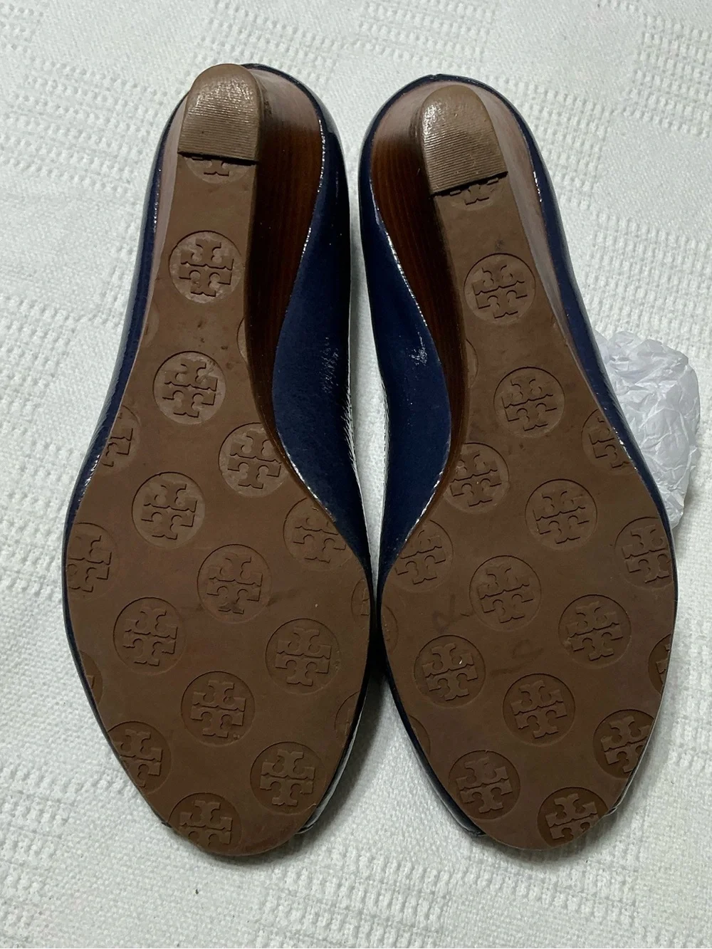 Tory Burch Blue Patent Leather Peep Toe Wedges Pumps Size 7